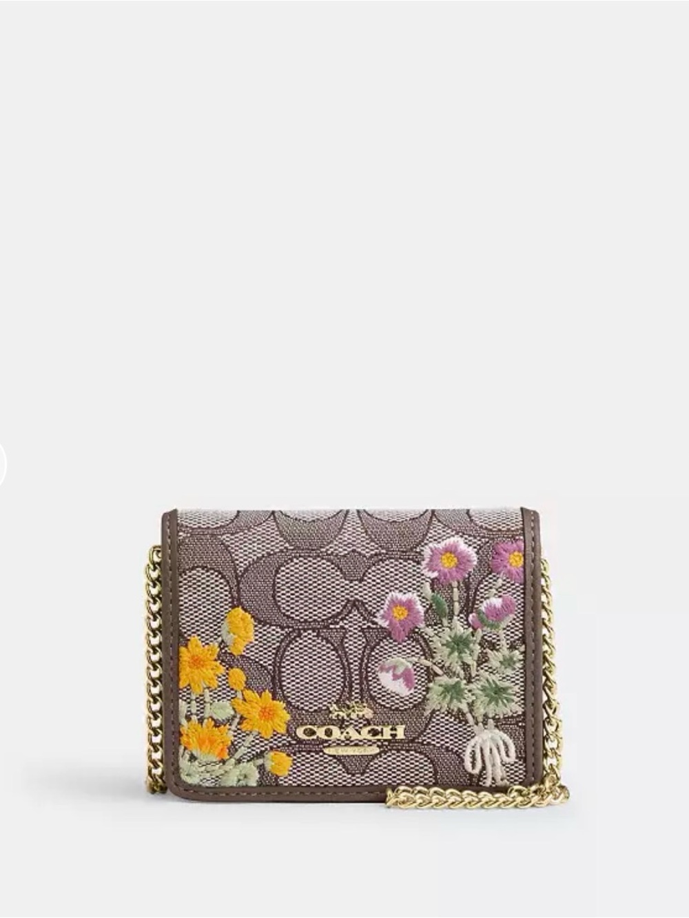 Coach Brown Signature Crossbody with Yellow & Pink Floral Embroidery